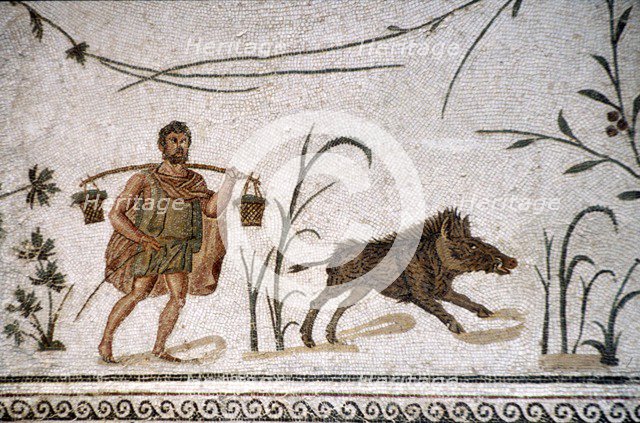Roman Mosaic of Man and wild boar, c2nd-3rd century. Artist: Unknown.