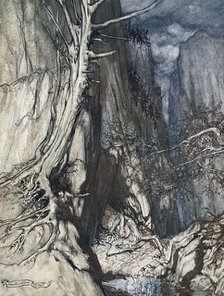 'There is a dread Dragon he sojourns, and in a cave keeps watch over Alberich's ring', 1910.  Artist: Arthur Rackham