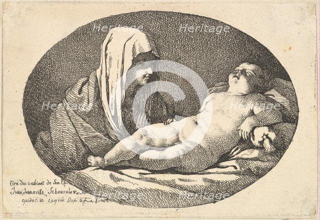 The Virgin at left watching the infant Christ as he sleeps, an oval composition, after ..., 1760-63. Creator: Jean Jacques Lagrenee.