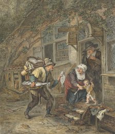 A fishmonger offers plaice to a schoolmaster and his family, 1763-1826. Creator: Abraham van Strij.
