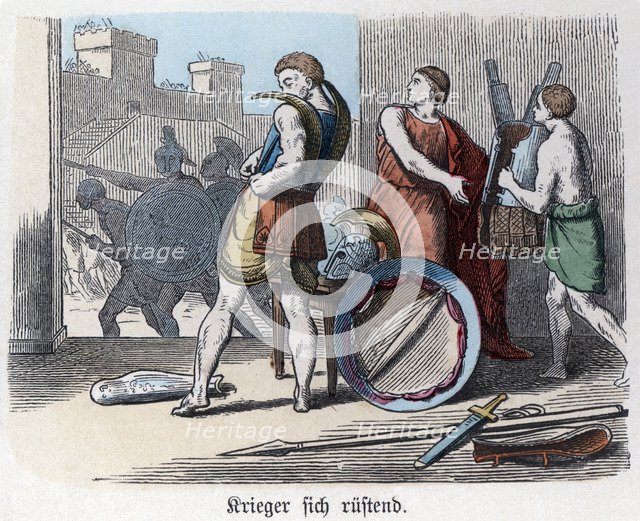 Ancient History. Greece. Greek warriors arming themselves for war. German engraving, 1865.