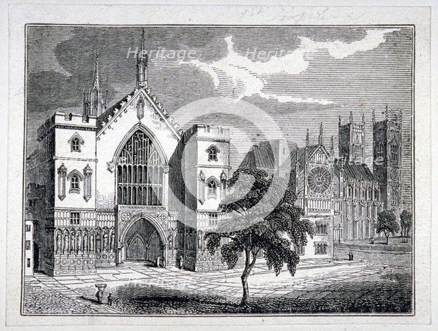 Westminster Hall from New Palace Yard with a view of Westminster Abbey, London, c1820.               Artist: W Hughes