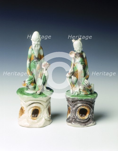 Two incence stick holders in the form of immortals, late Ming dynasty, China, 1600-1644. Artist: Unknown