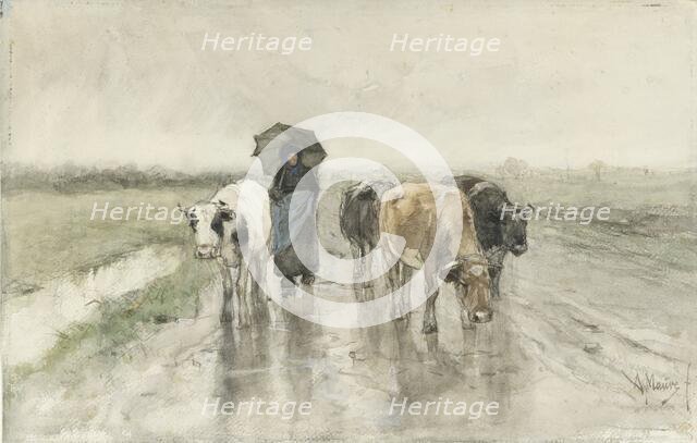 A Herdess with Cows on a Country Road in the Rain, 1848-1888. Creator: Anton Mauve.