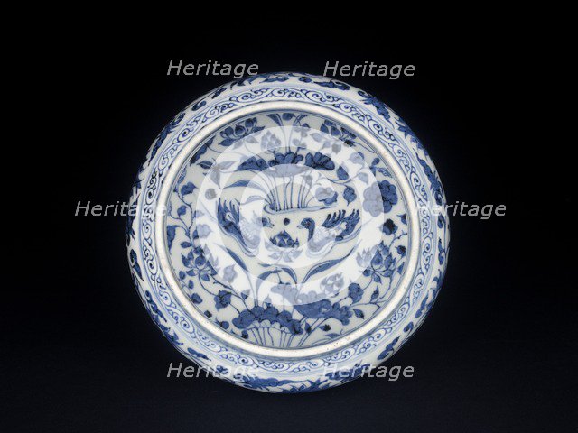 Blue-and-white stem bowl with lotus flowers and mandarin ducks, mid-14th century. Artist: Unknown.