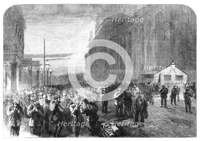 Progress of the Great International Exhibition building: the workmen leaving the grounds, 1861. Creator: Frederick John Skill.