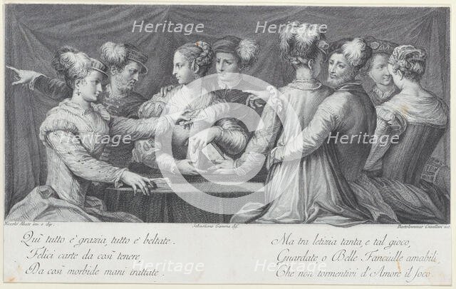 A group of elegantly dressed people playing cards, 1740-68. Creators: Bartolomeo Crivellari, Sebastiano Gamma.