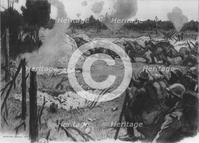 'La Bataille de la Somme; La releve sous les Obus: Une a une, les sections gagnent le boyau..., 1916 Creator: Georges Leroux.