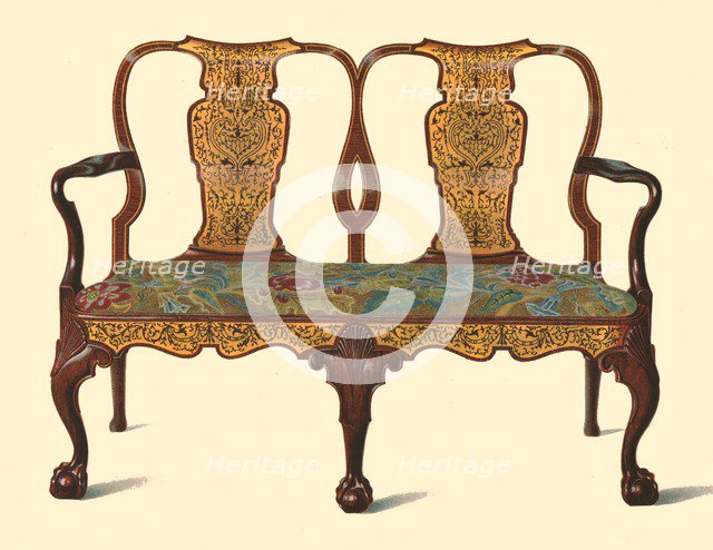 Walnut settee inlaid with marquetry, 1905. Artist: Shirley Slocombe.