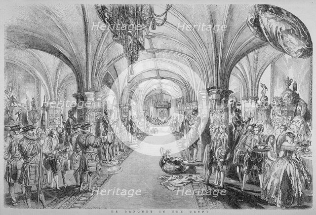 The Guildhall Crypt on the occasion of a state visit by Queen Victoria, City of London, 1851. Artist: John Abraham Mason