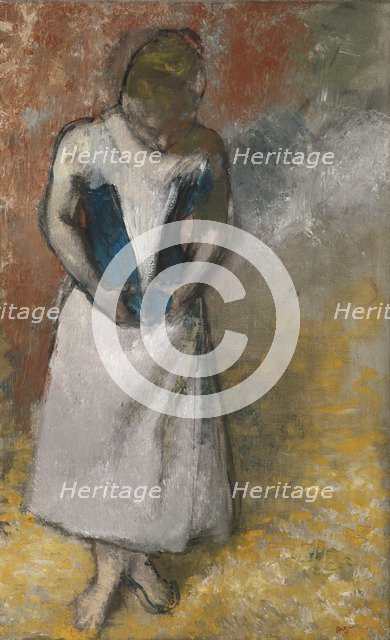 Woman standing from the front, clasping her corset, ca. 1883. Artist: Degas, Edgar (1834-1917)