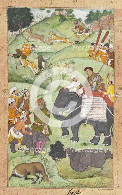 Prince Salim at a Hunt (recto), Calligraphy (verso), Folio from a Shikarn..., between 1600 and 1604. Creator: Muhammad Nasir al-Munshi.