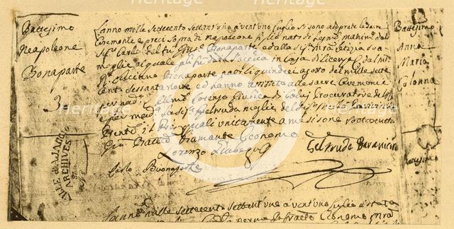 Napoleon's birth certificate, 19 July 1782, (1921). Creator: Unknown.