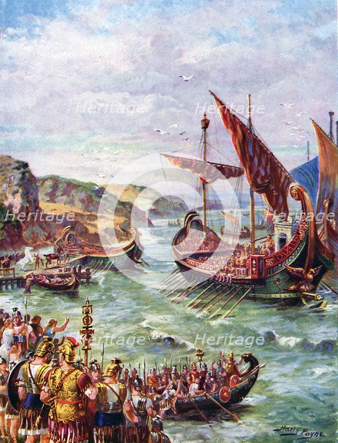 Departure of the Romans from Britain after the sacking of Rome in 410 AD, (c1920).  Creator: Harry Payne.
