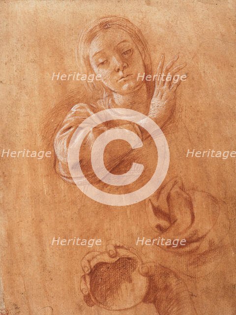 Studies of the Virgin, Drapery, and the Hand of Saint John the Baptist Holding a Shell, c1628. Creator: Tanzio da Varallo.