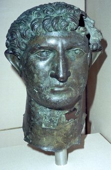Bronze head from a statue of the Roman Emperor Hadrian, Roman Britain, 2nd century. Artist: Unknown