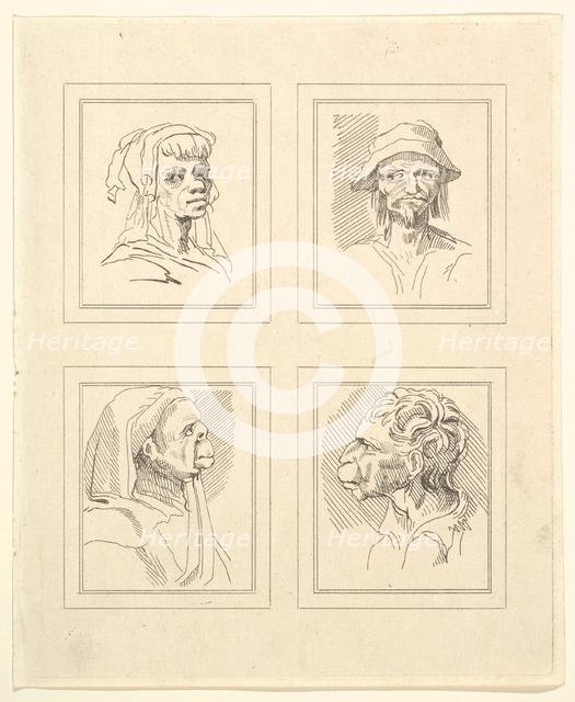 Four Heads (from Characaturas by Leonardo da Vinci, from Drawings by Wincelslaus Hollar, o..., 1786. Creator: Unknown.