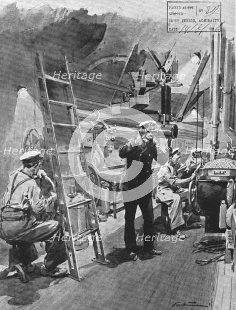 'La flotte d'avant-garde; le poste de manoeuvre d'un sous-marin britannique en plongee..., 1916. Creator: Frederic de Haenen.
