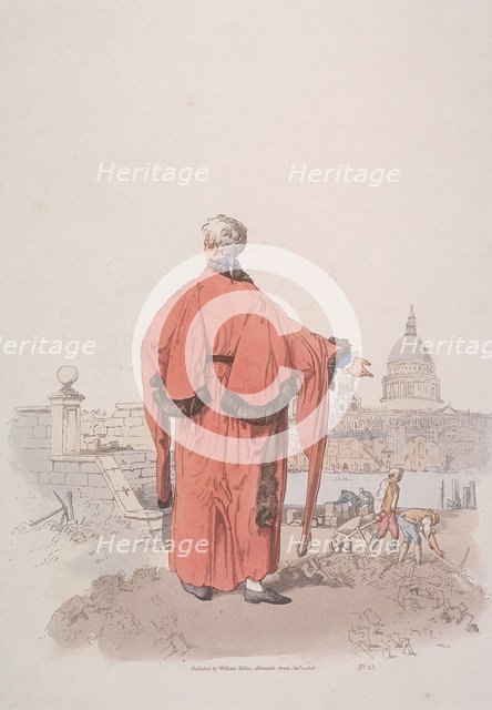Alderman in civic costume looking towards St Paul's Cathedral, London, 1805. Artist: William Henry Pyne