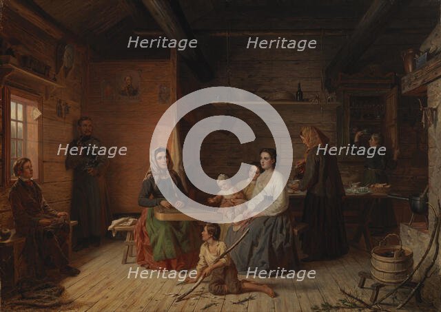 Crete Haapasalo Playing the Kantele in a Peasant Cottage, 1868. Creator: Robert Wilhelm Ekman.