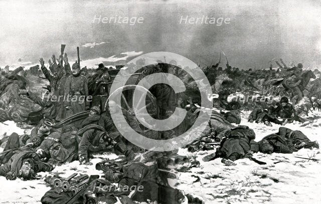 'Sur le front de Pologne; une charge des Cosaques de l'oural, sur une batterie allemande', 1914. Creator: J Simont.