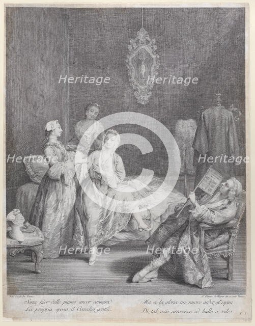 A woman getting out of bed in an elegant interior, with two servants about to help her get..., 1748. Creator: Charles Joseph Flipart.