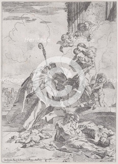 Three Lucchese saints Sts Nicholas Tolentino, Nicholas of Bari interceding with the..., ca. 1630-31. Creator: Pietro Testa.