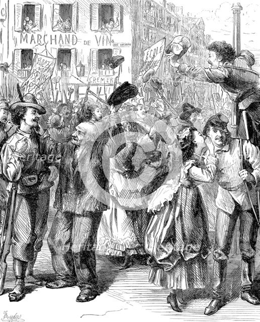 Defence of Paris: students going to man the barricades, Franco-Prussian War, 1870. Artist: Frederick Barnard