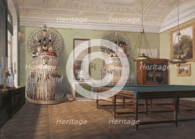 Interiors of the Winter Palace. The Billiard Room of Emperor Alexander II, Mid of the 19th cen.. Artist: Hau, Eduard (1807-1887)