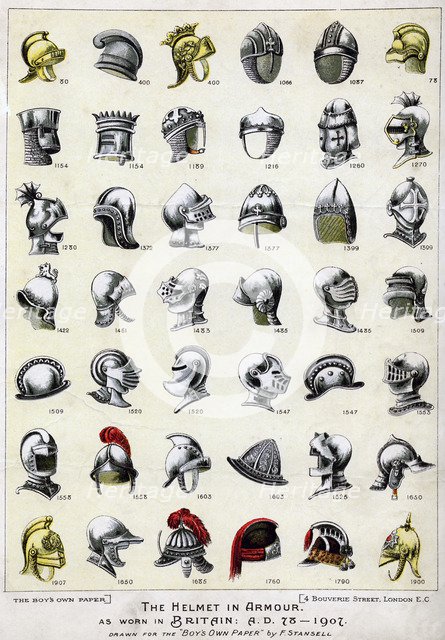 The helmet in armour as worn in Britain from 78 AD to 1901. Artist: F Stansell 