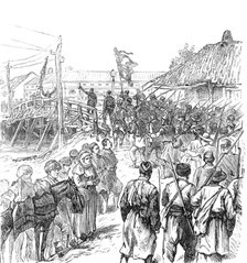 Sketches of the Insurrection in Servia; Insurgents Marching through Paratchin, 1883.  Creator: Unknown.