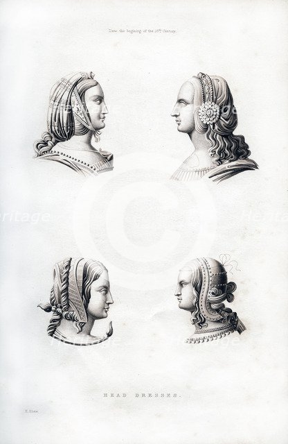 Headdresses, early 16th century, (1843).Artist: Henry Shaw