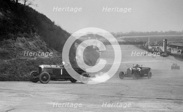 Bentley of Tim Birkin and Austro-Daimler of Edgar Fronteras, BARC meeting, Brooklands, 1930. Artist: Bill Brunell.
