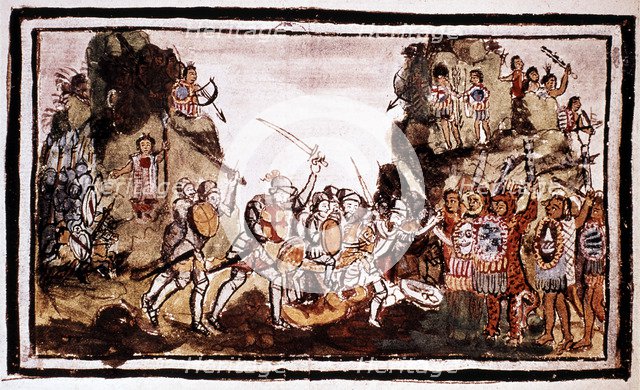 Hernando Cortes (Cortez) (1485-1547), Spanish conquistador, attacking natives in Mexico. Artist: Unknown