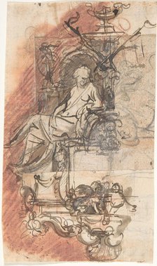 Design for a sepulchral monument with a seated female figure; verso..., late 17th-early 18th century Creator: Peeter Verbrugghen II.