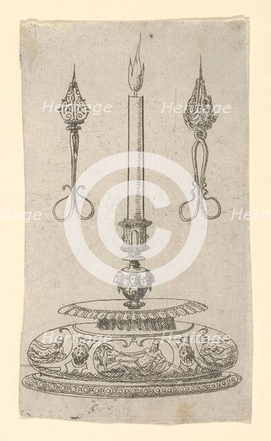 Design for a Candlestick with Candle Wick Trimmers, 1560-70. Creator: Erasmus Hornick.
