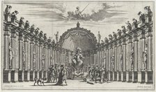 Figures worshipping the statue of an armed figure; set design from 'Il Pomo D'Oro', 1668. Creator: Mathäus Küsel.