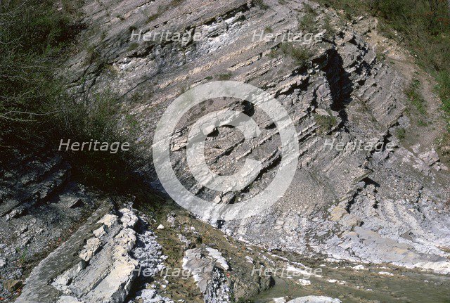 Sedimentary rocks showing their strata. Artist: Unknown