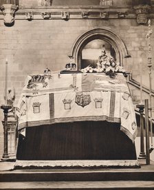 'The Imperial Crown, The Orb, and the Sceptre on King George's coffin in Westminster Hall', 1936. Artist: Unknown.