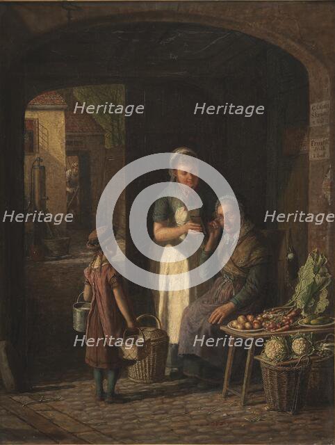 A maid shows her lover's portrait to a vegetable-seller, 1880. Creator: David Monies.