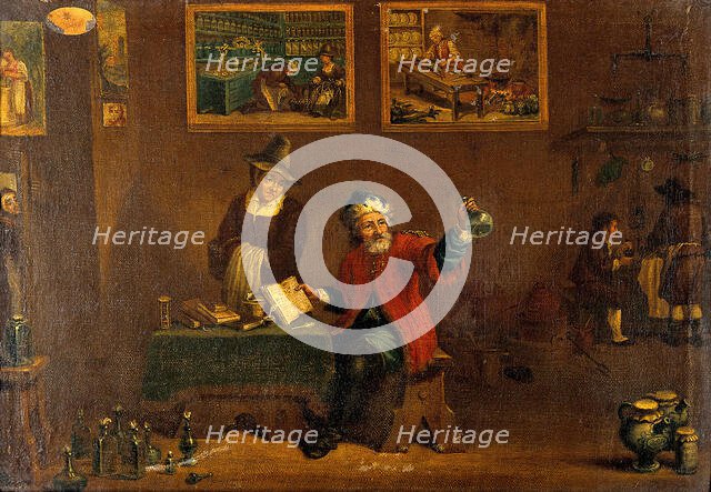 A man examining a urine flask, c1680s. Creator: Follower of David Teniers II.