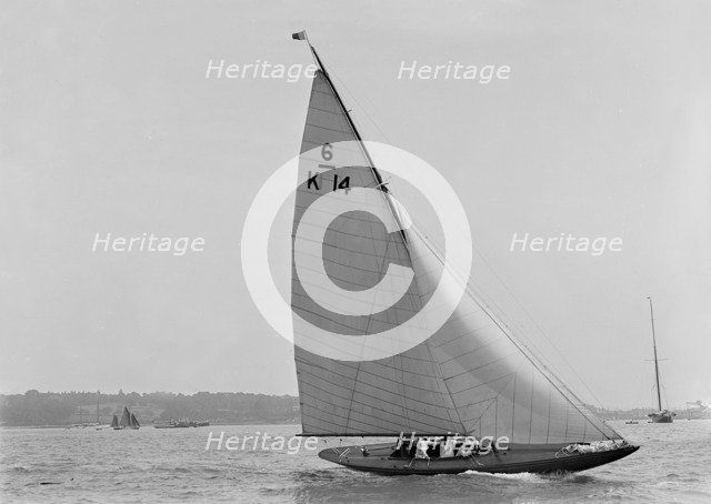 The 6 Metre sailing yacht 'Margaret' (K14) sailing upwind, 1921. Creator: Kirk & Sons of Cowes.