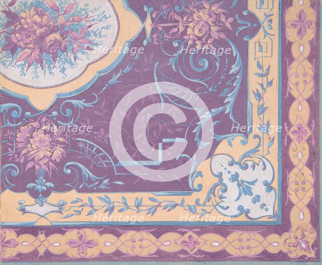 Wallpaper design featuring bouquets of roses, strapwork, and rinceaux, 1830-97. Creators: Jules-Edmond-Charles Lachaise, Eugène-Pierre Gourdet.