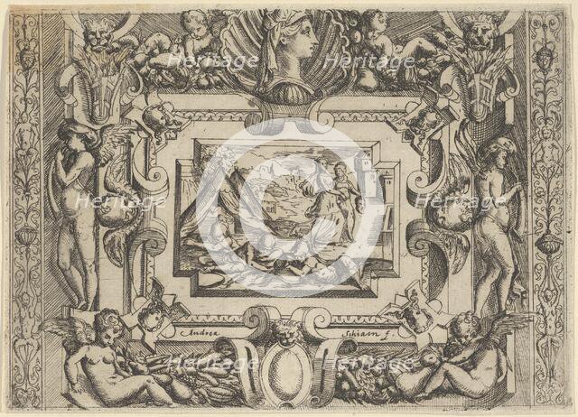 Judith and maidservant with the head of Holofernes, set within an elaborate frame, c..., ca 1540-80. Creator: Battista del Moro.