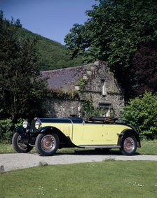 A 1934 Bugatti Type 46 outside a cottage. Artist: Unknown