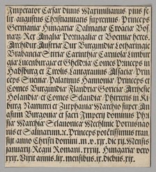 Titles of Emperor Maximilian, from Historical Scenes from the Life of Emperor..., printed c. 1520. Creator: Benedictus Chelidonius.