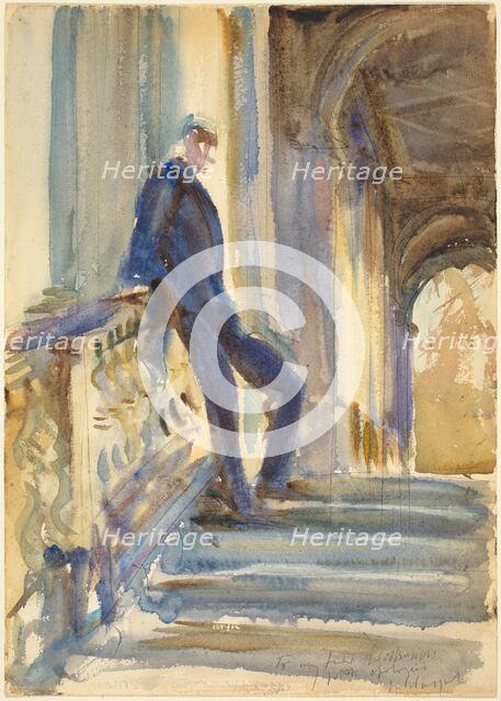 Sir Neville Wilkinson on the Steps of the Palladian Bridge at Wilton House, 1904/1905. Creator: John Singer Sargent.