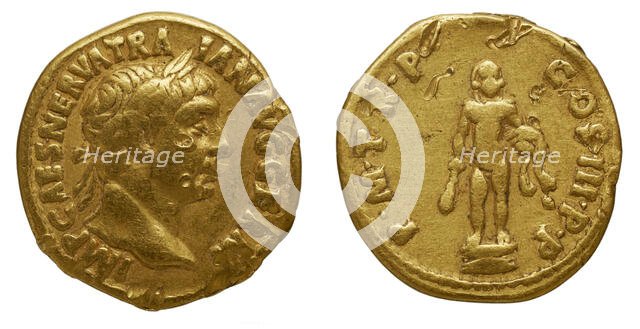 Aureus of Trajan. Obverse: Laurel head of Trajan on the right. Reverse: Statue of Hercules naked. Creator: Numismatic, Ancient Coins  .