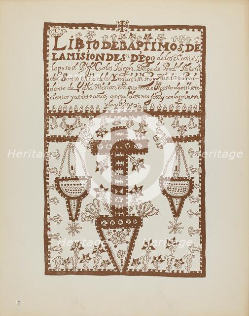 Plate 2: Jemez Book of Baptisms: From Portfolio "Spanish Colonial Designs of New Mexico", 1935/1942. Creator: Unknown.