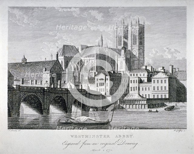 Westminster Abbey and Bridge from the River Thames, London, 1775.                        Artist: RB Godfrey